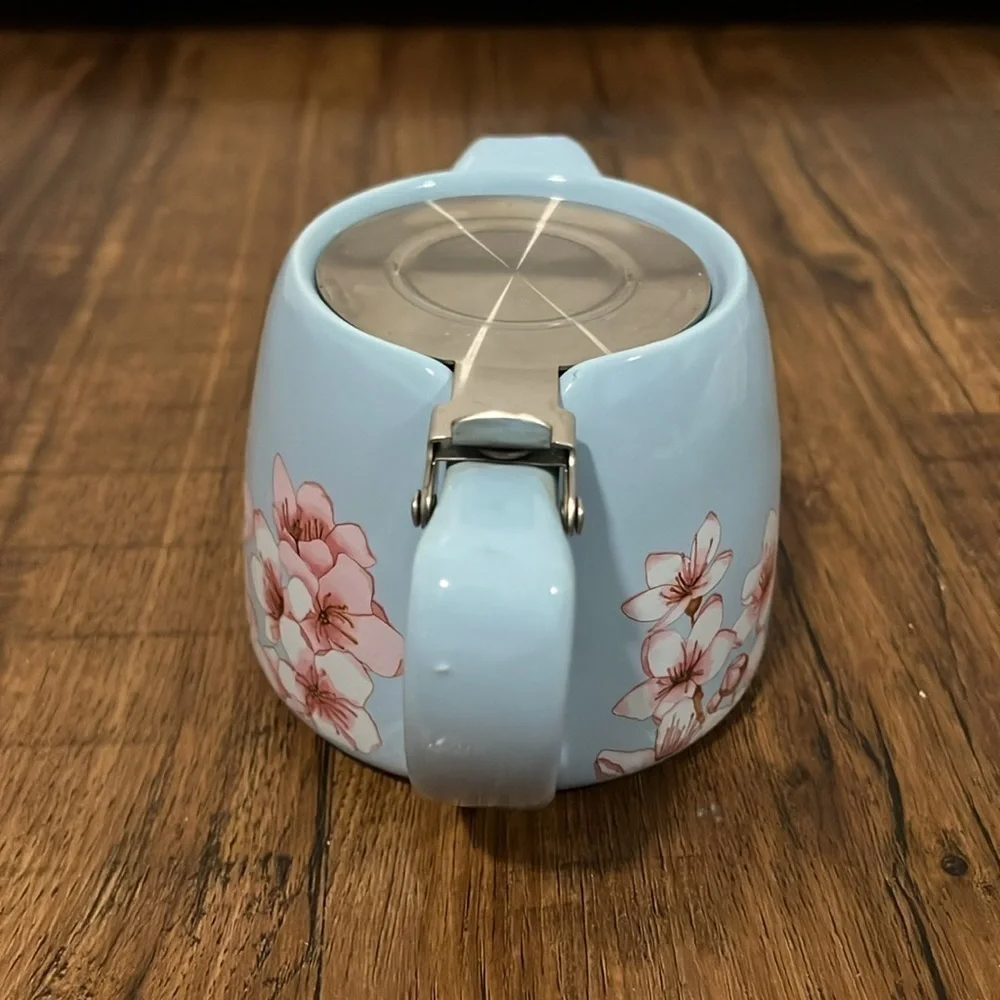 Alfred Ceramic and Stainless Steel Teapot 20 oz Blue Pink Floral Cherry Blossom - Picture 5 of 10